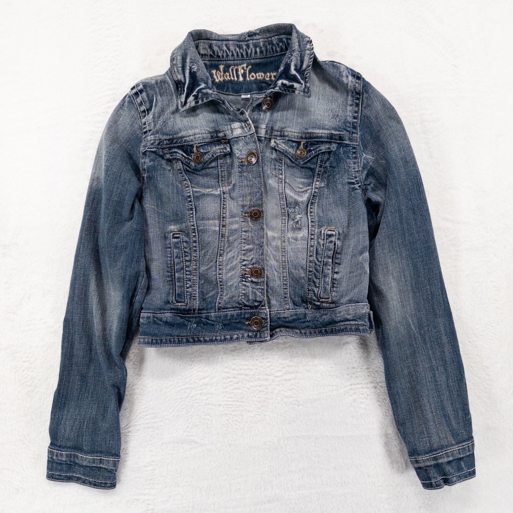 WallFlower Denim Jean Jacket Juniors Medium Blue Distressed Cropped Trucker